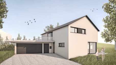 Modernes Einfamilienhaus mit Garagenansicht, umgeben von Bäumen und fliegenden Vögeln.